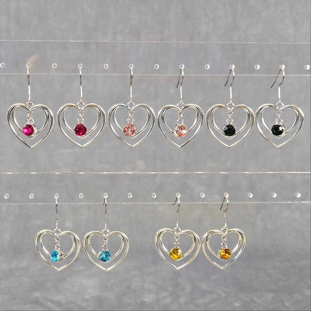 Women's Crystal Birthstone Charm Earrings Double Heart Gemstone Dangle Earrings